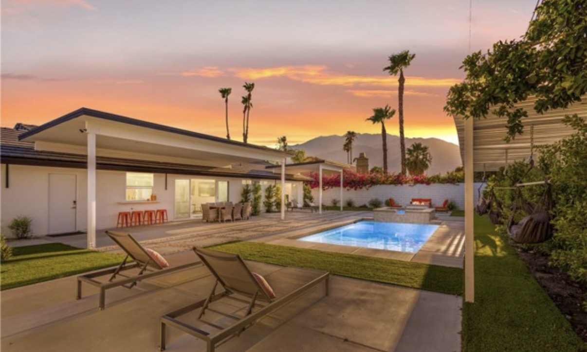 Backyard and pool remodel with mountain sunset view in Palm Springs, CA